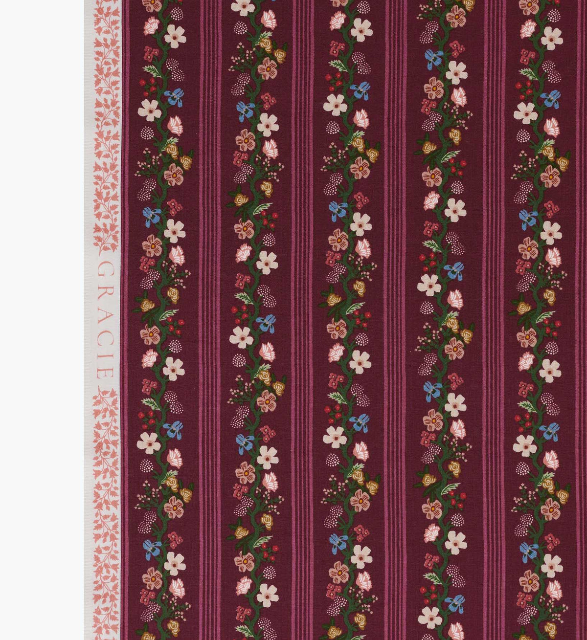 Cloverpaperco™ - Floral Trellis Stripe Cotton Fabric - Burgundy
