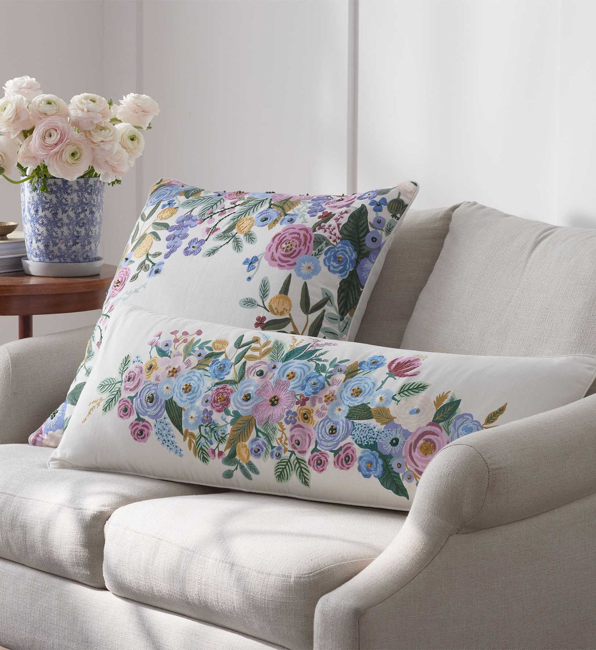 Cloverpaperco™ - Embroidered Lumbar Pillow Cover - Garden Party Ivory