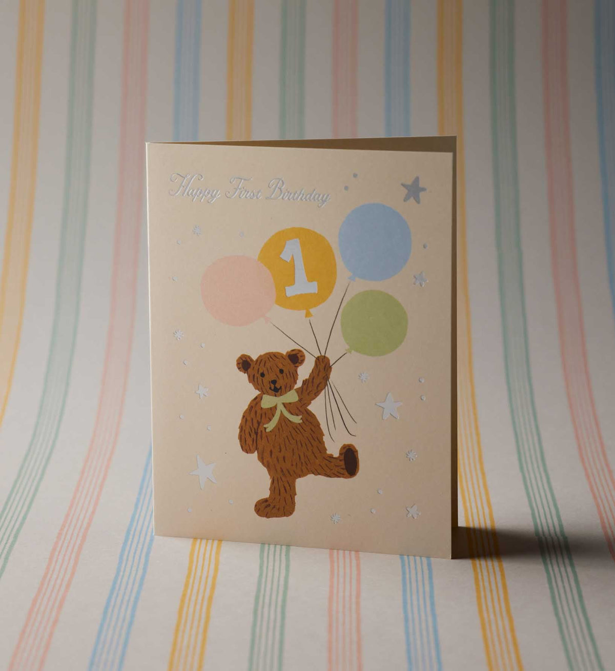 Cloverpaperco™ - First Birthday Bear Birthday Card - Single Card